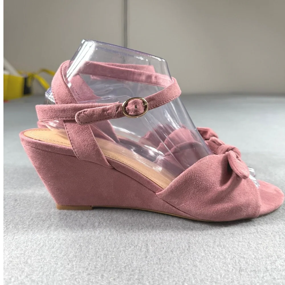LOFT Blush Pink Suede Bow Wedge Heels‎ Ankle Strap Sandals 9.5 Feminine Wedding